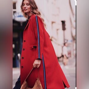 Boden Red Midi Coat with Navy Accents
